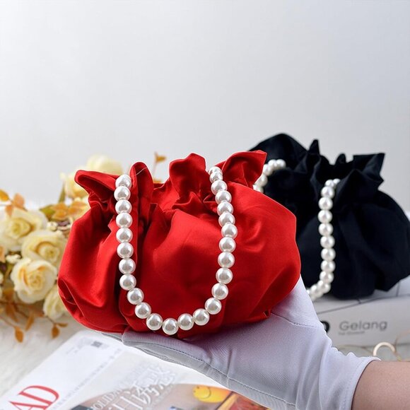 Small Wristlet Purses Mini Bucket Bag Women Hobo Bag with Faux Pearl Chain Red - Picture 6 of 7